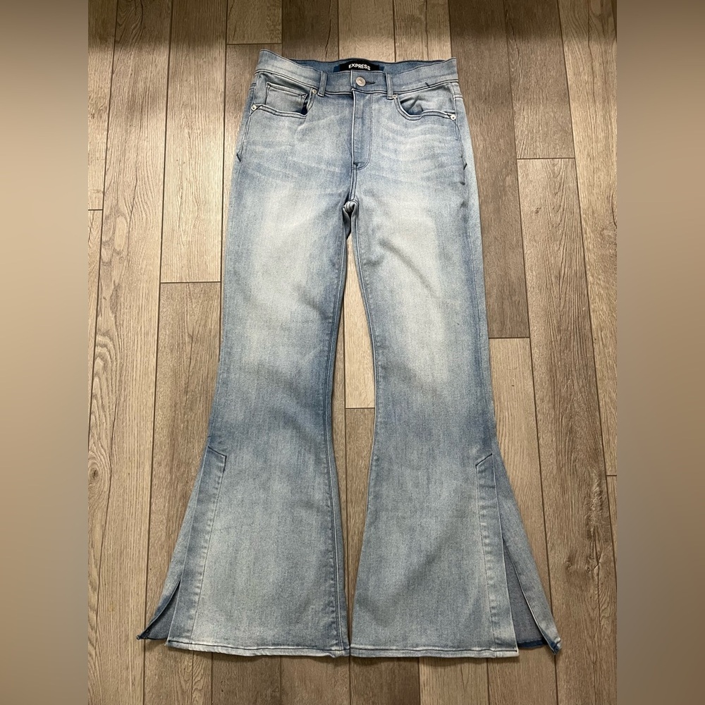 Express Light Wash Flare Jeans with Side Slits